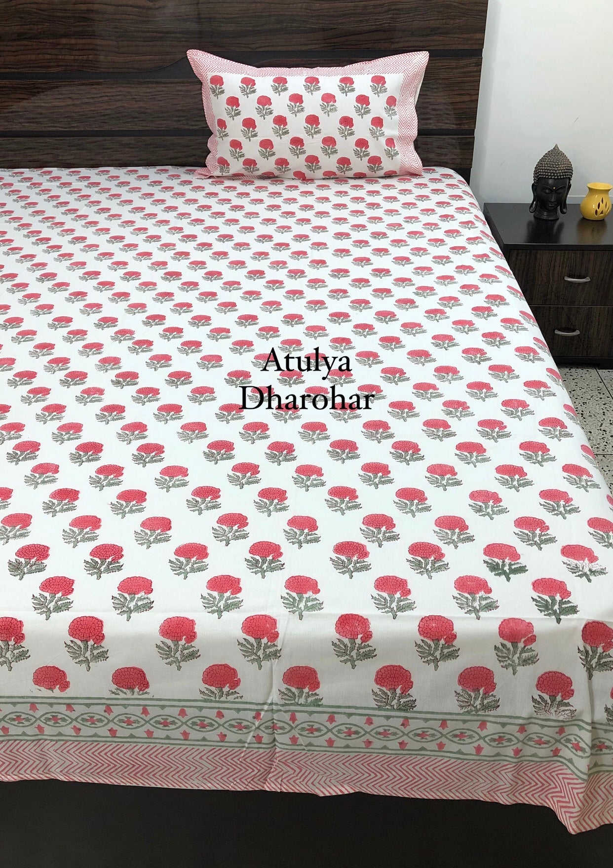Red Floral Motifs Hand Block Printed Single Bedsheet