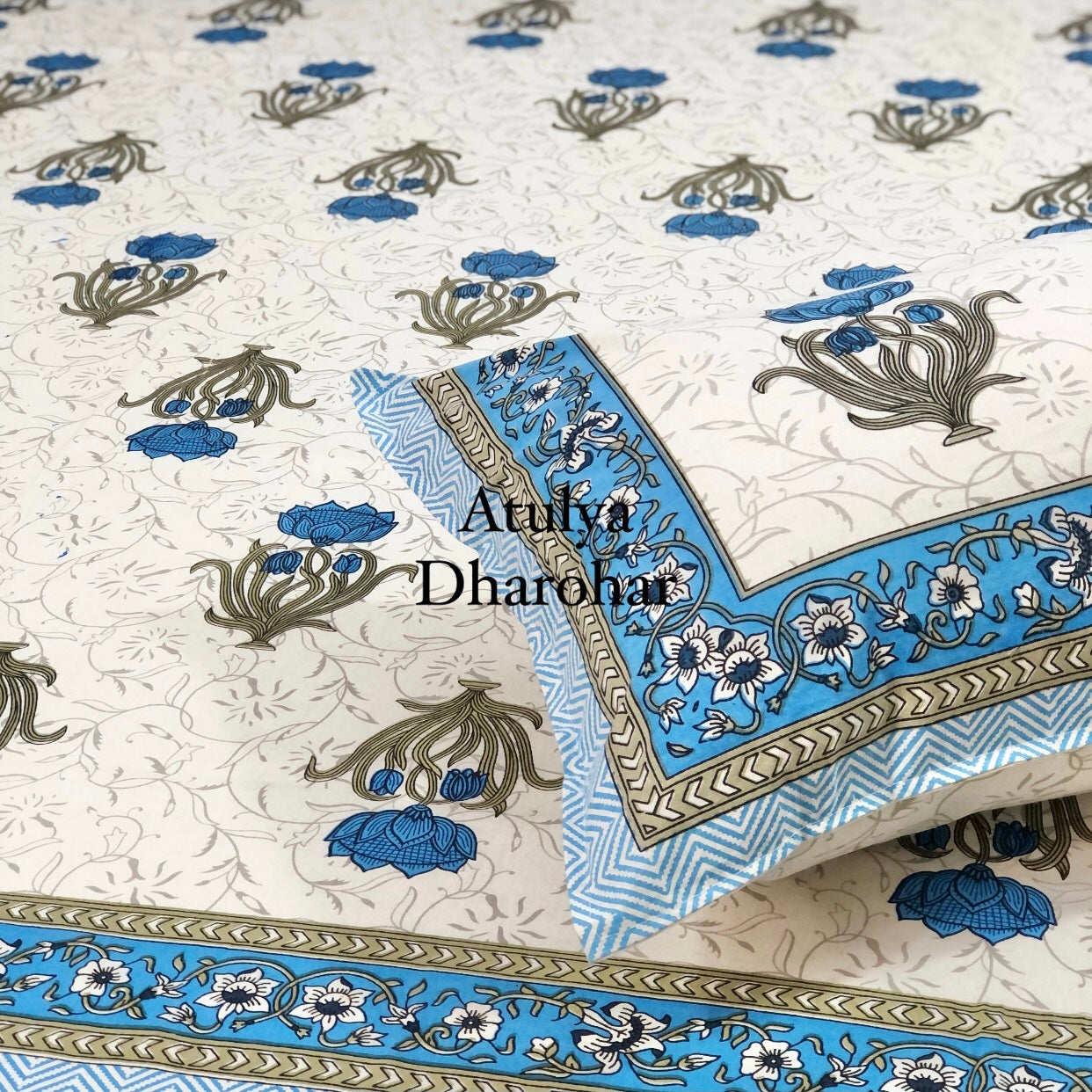 Blue Floral Motifs Cotton Bedsheet