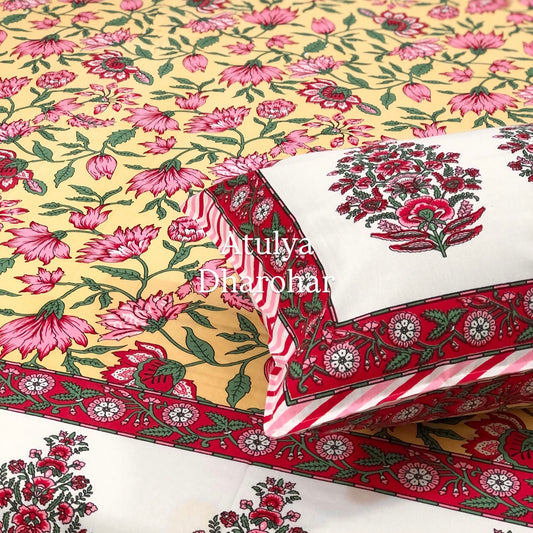 Yellow Floral Jaal Cotton Super King Bedsheet