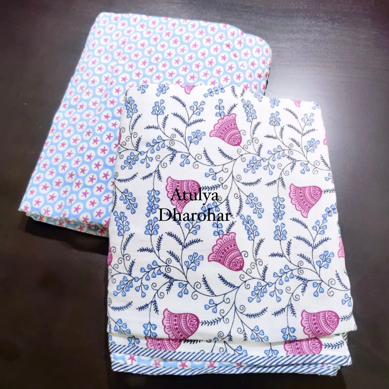 Pinkish Purple and Blue Floral Cotton Single Dohar Pair