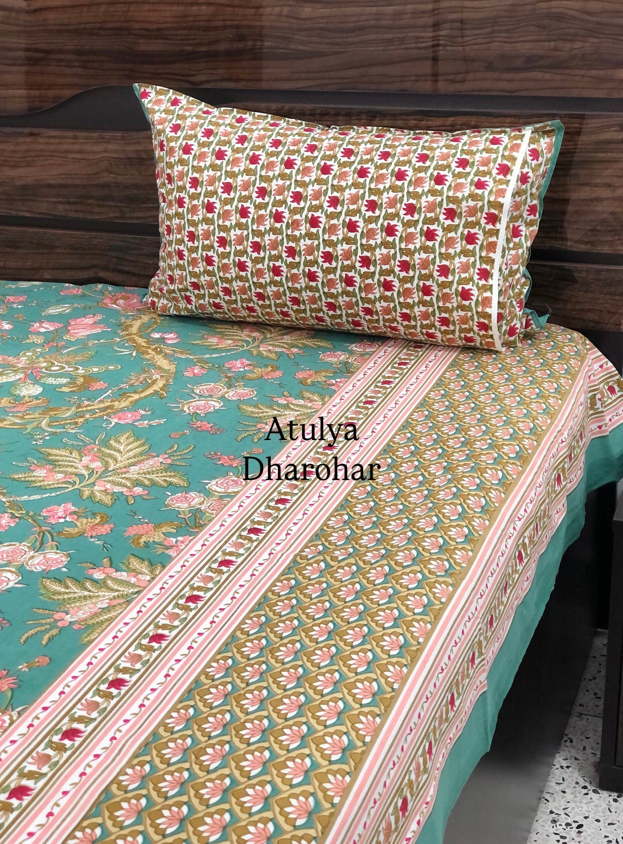 Turquoise and Pink Floral Jaal Cotton King Size Bedsheet
