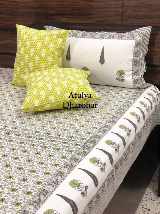 Green and Grey Floral Jaal Bedsheet