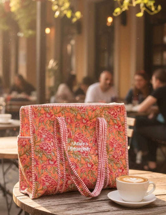 Peach and Pink Floral Medium Tote Bag with Zip