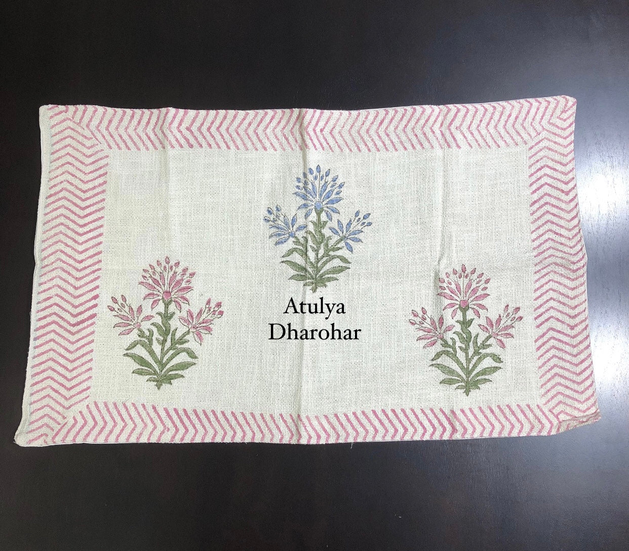 Pink and Blue Floral Hand Block Jute Cotton Bedcover