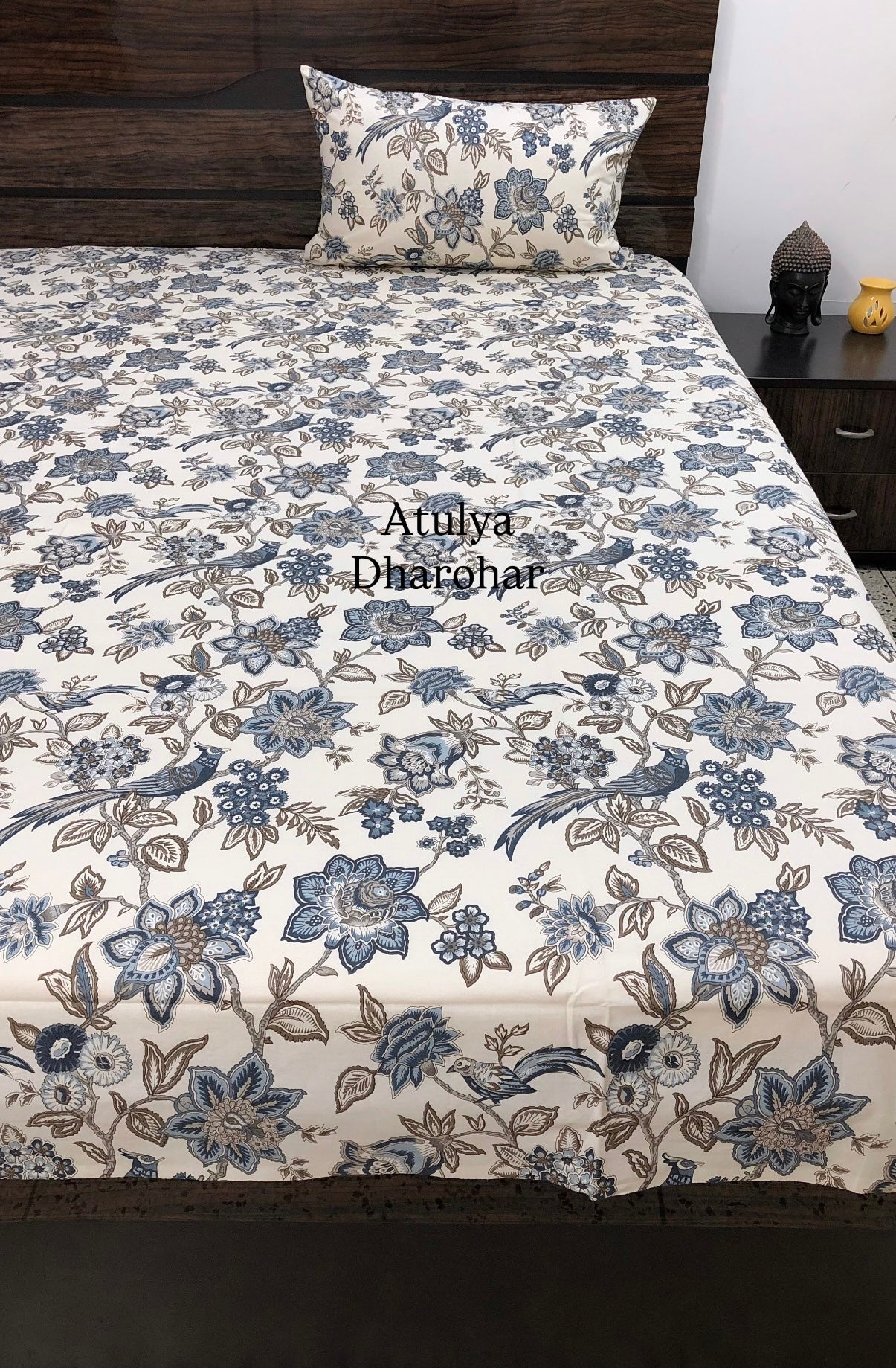 Blue Bird Floral Jaal Cotton King Size Bedsheet