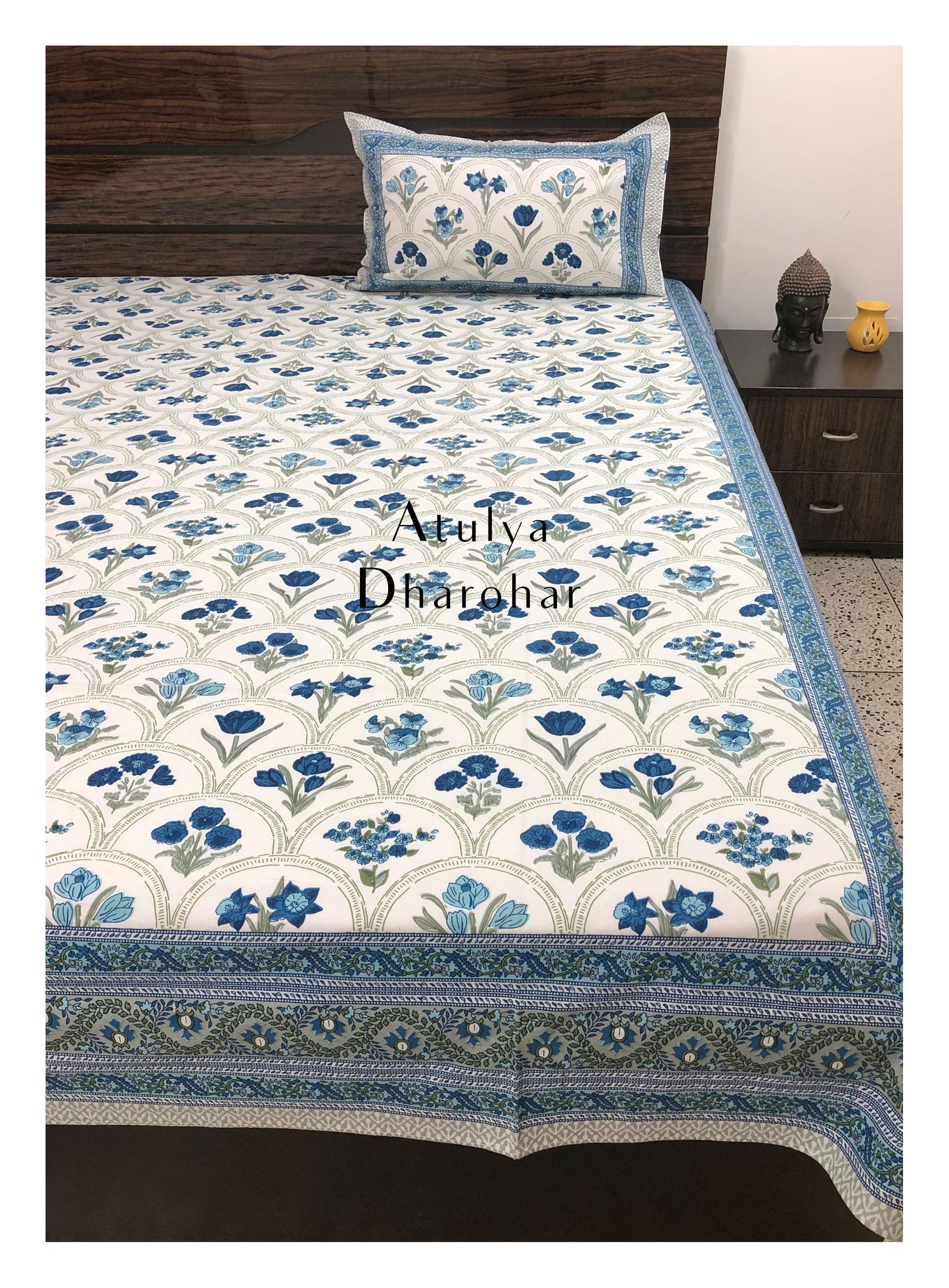 Blue and Grey Mughal Floral Jaal Bedsheet