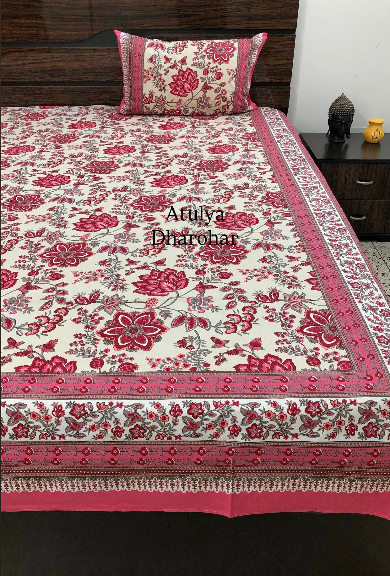 Pink Floral Jaal Cotton King Size Bedsheet
