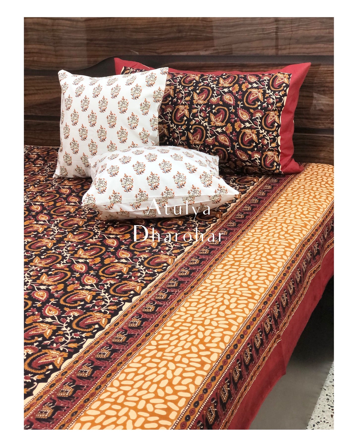 Black and Mustard Kalamkari Cotton Bedsheet