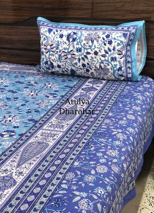 Blue Floral Jaal Cotton Super King Bedsheet