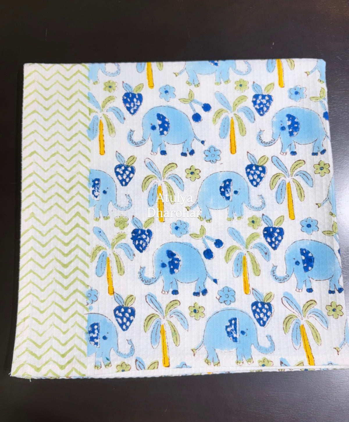 Blue Elephant Hand Block Printed Waffle Cotton Kids Towel