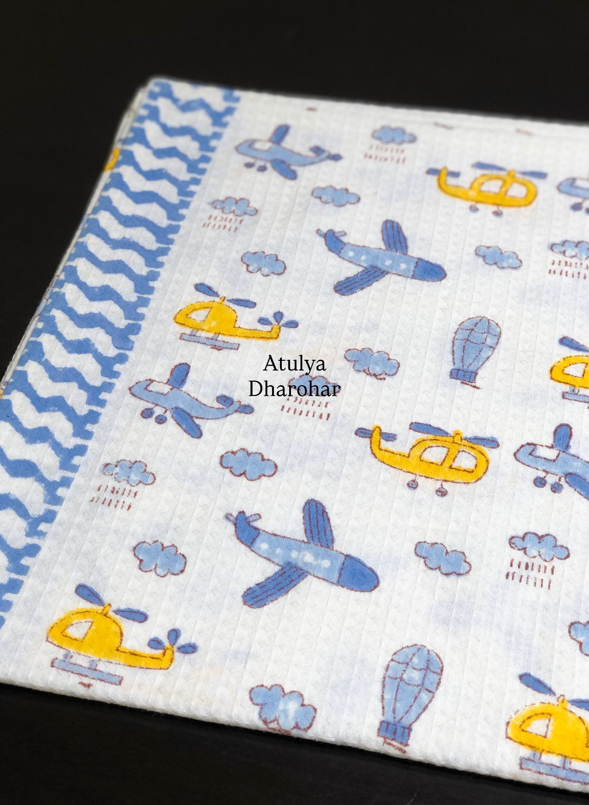 Aeroplane and Helicopter Waffle Cotton Hand Block Printed Kids Towel