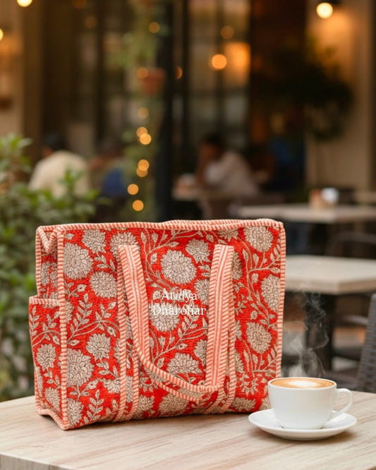 Orange Floral Medium Tote Bag with Zip
