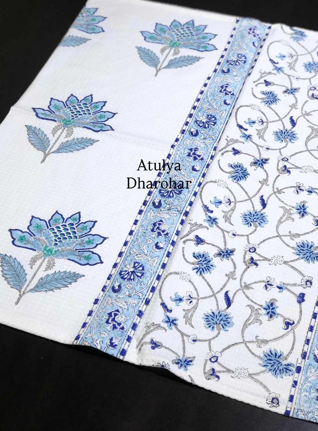 Blue Floral Hand Block Waffle Cotton Towel Set