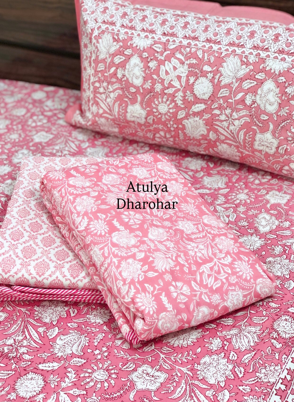 Pink Floral Mulmul Single Dohar Pair with Super King Bedsheet Set