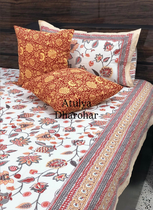 Red Floral Jaal Cotton Super King Bedsheet