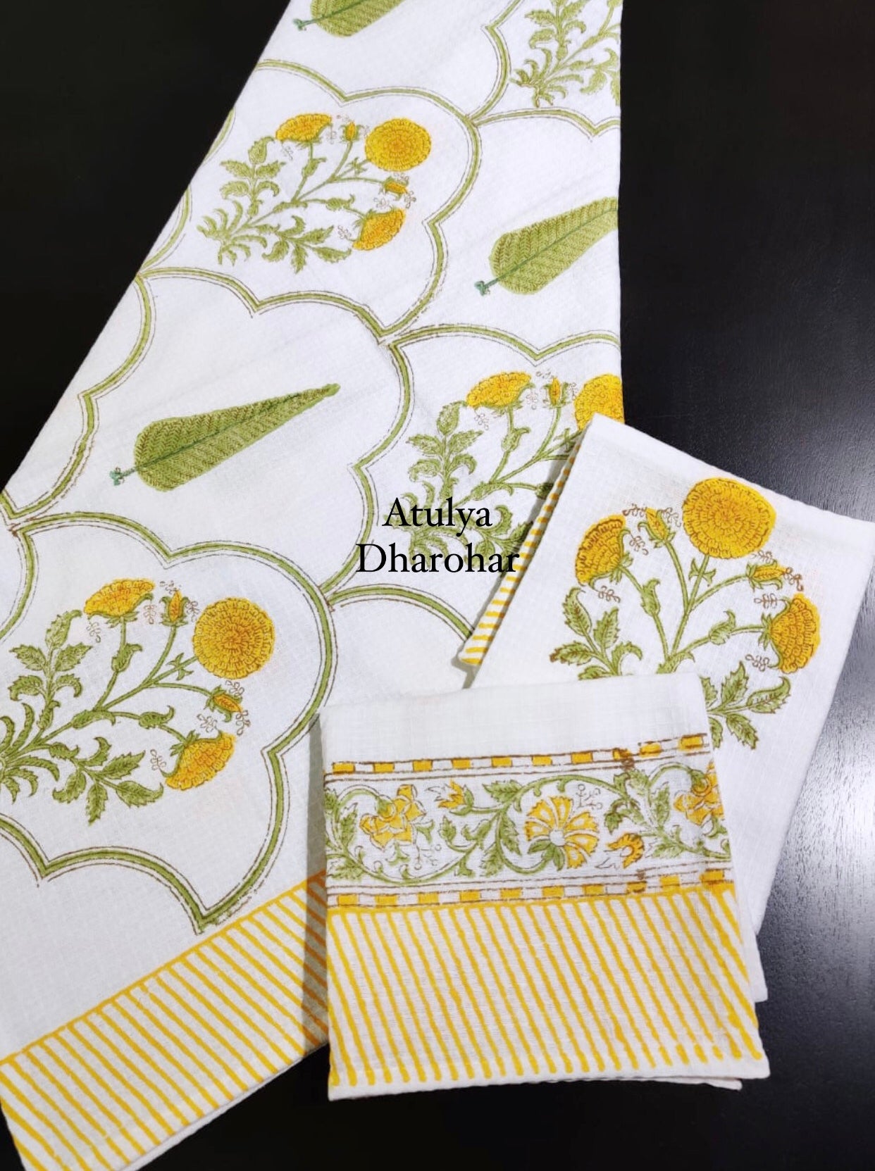 Yellow Mughal Jaal Hand Block Waffle Cotton Towel Set