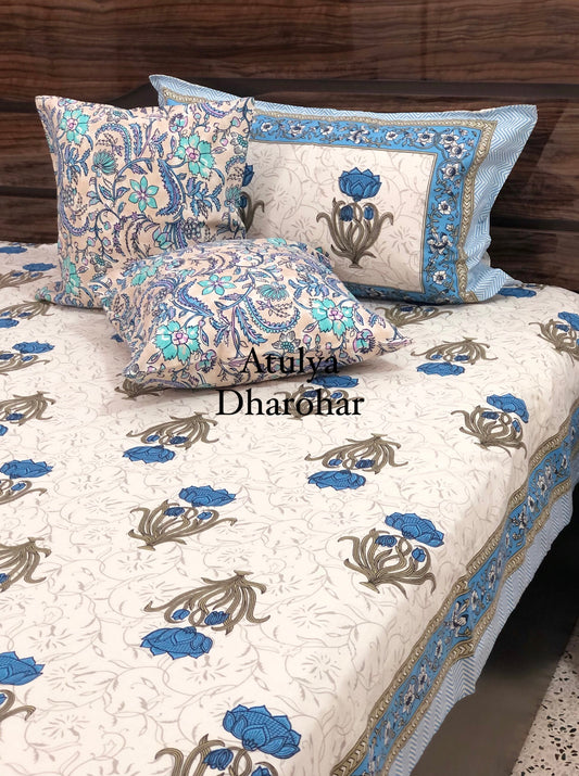 Blue Floral Motifs Cotton Bedsheet