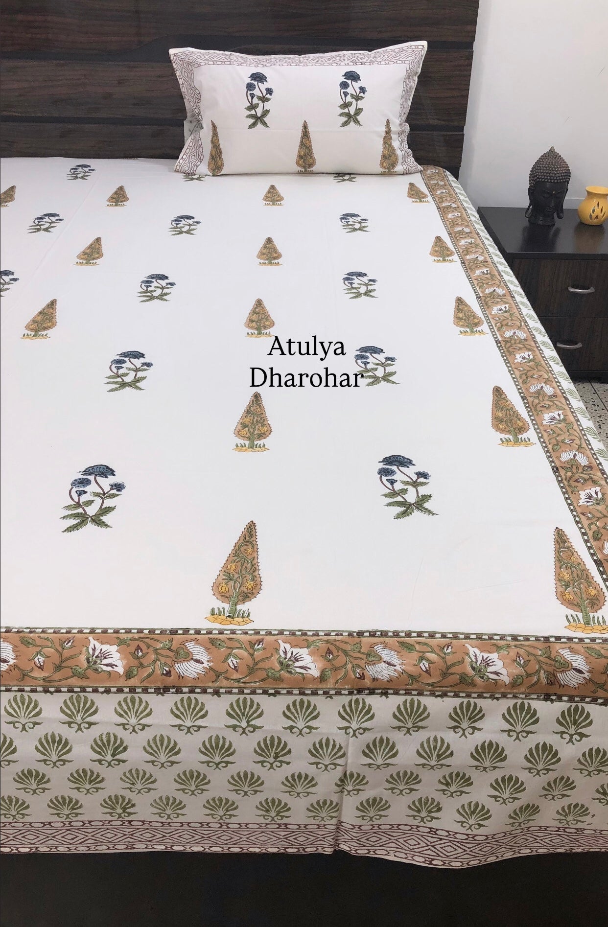 Blue and Brown Floral Cotton Hand Block Bedsheet