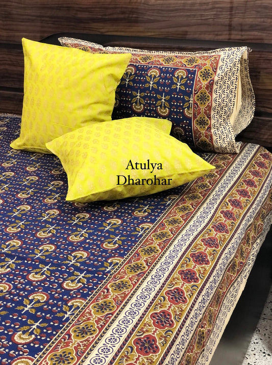 Indigo Kalamkari Super King Cotton Bedsheet