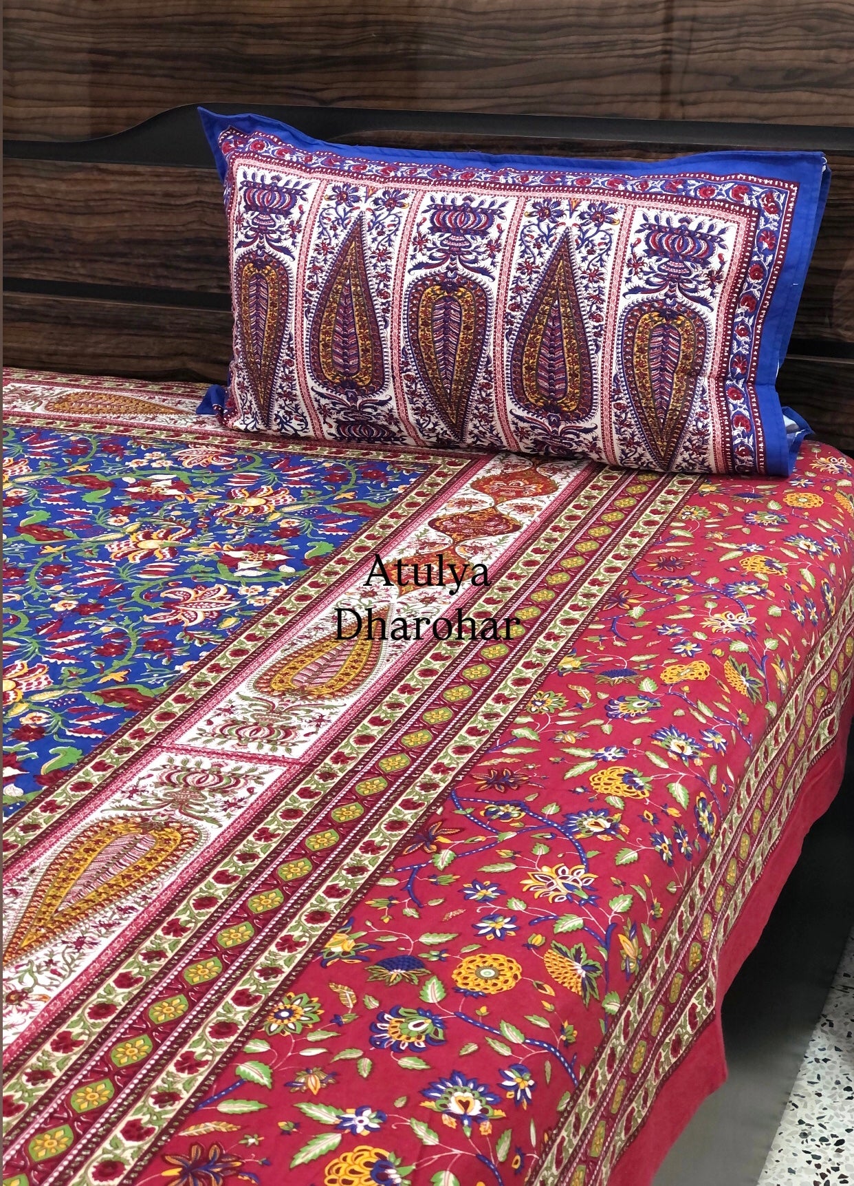 Blue & Red Floral Jaal Cotton Super King Bedsheet