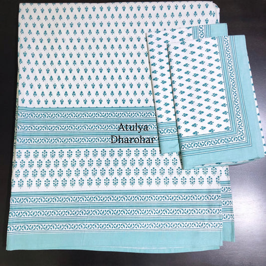 Turquoise Blue Butti Cotton King Size Bedsheet