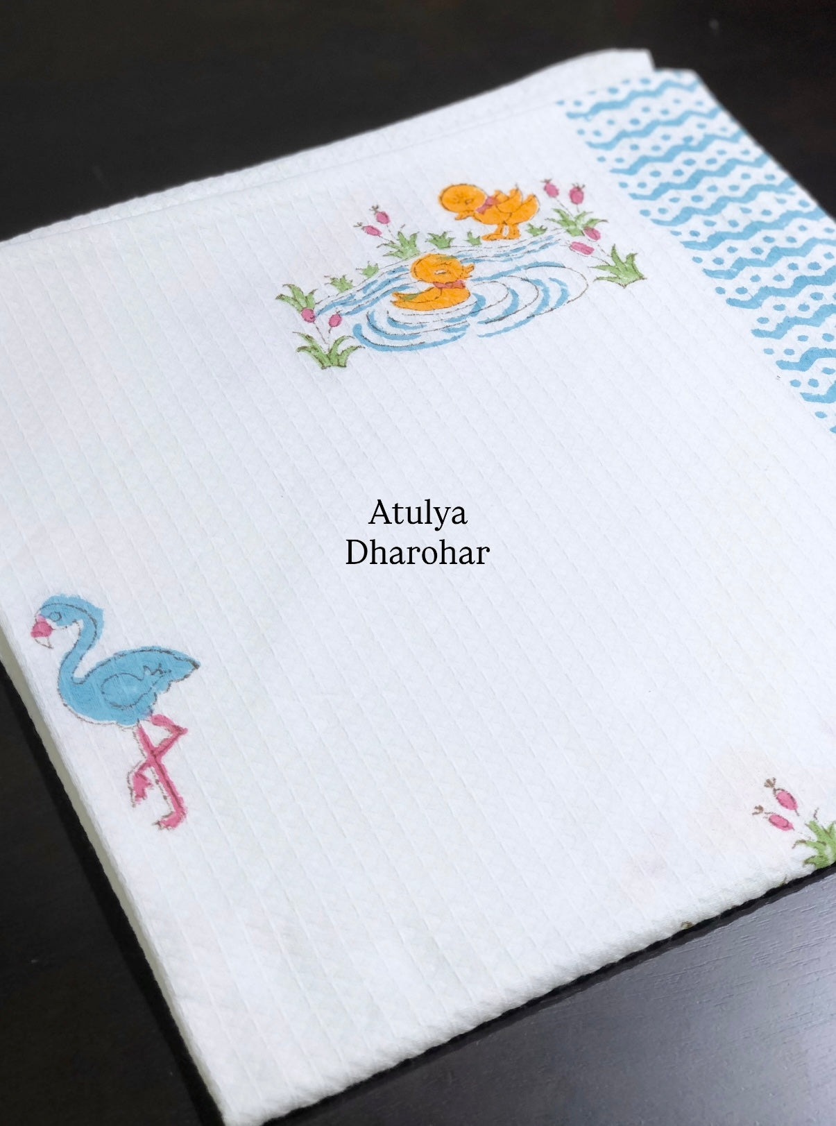 Ducks and Flamingo Waffle Cotton Hand Block Printed Kids Towel