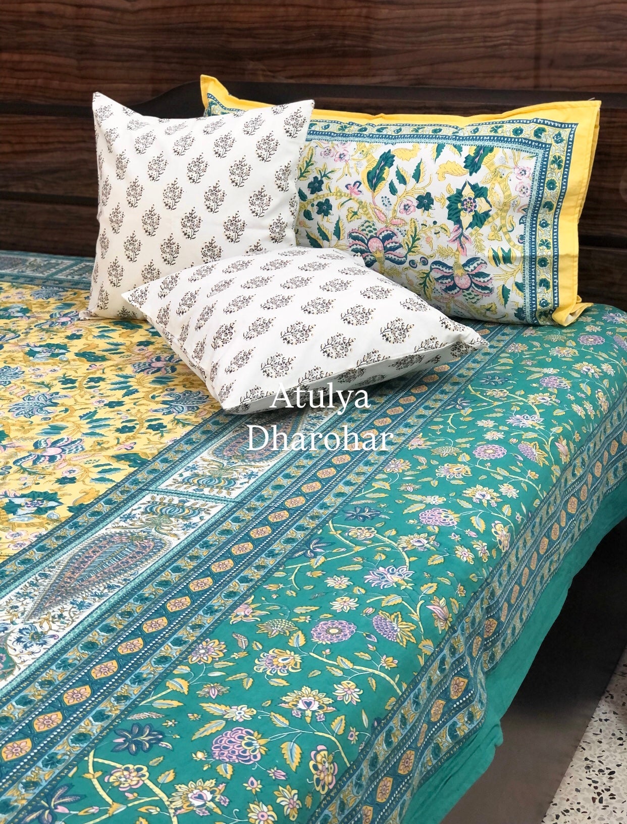 Yellow & Green Floral Jaal Cotton Super King Bedsheet