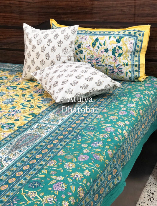 Yellow & Green Floral Jaal Cotton Super King Bedsheet