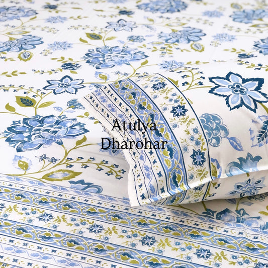 Blue and Green Floral Jaal Cotton Super King Bedsheet