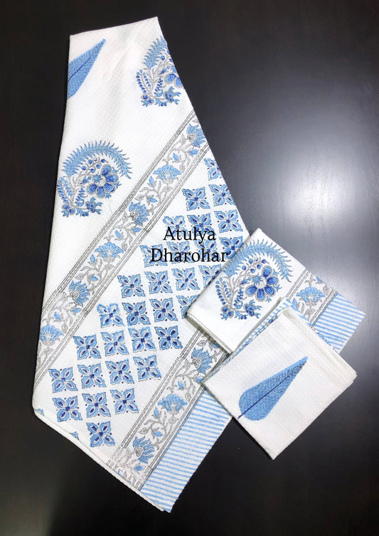 Blue Mughal Motifs Hand Block Waffle Cotton Towel Set