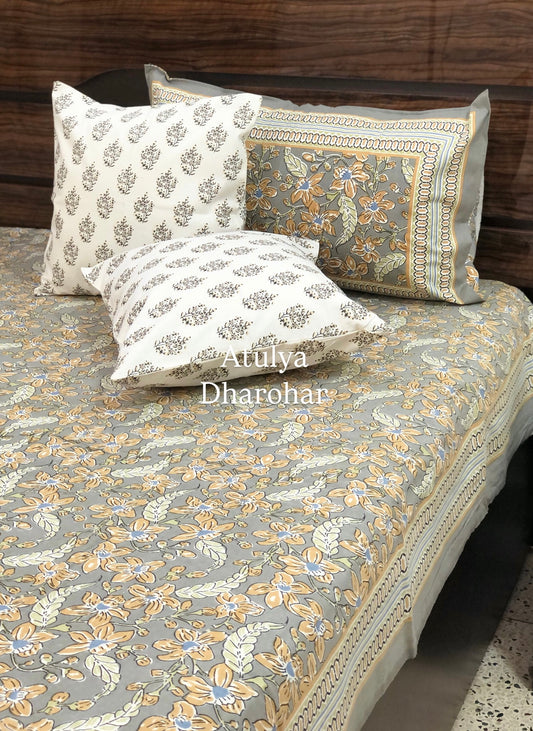 Grey Floral Jaal Cotton Super King Bedsheet