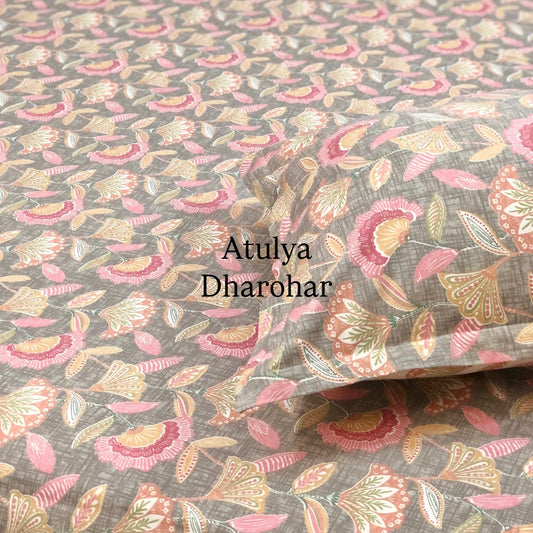 Grey & Pink Floral Jaal Cotton King Size Bedsheet