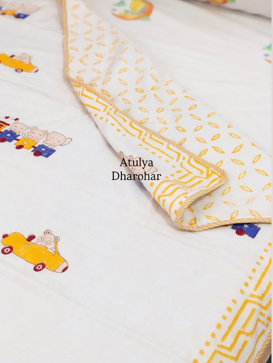 Playful Train and Car Ride Hand Block Printed Mulmul Baby Dohar