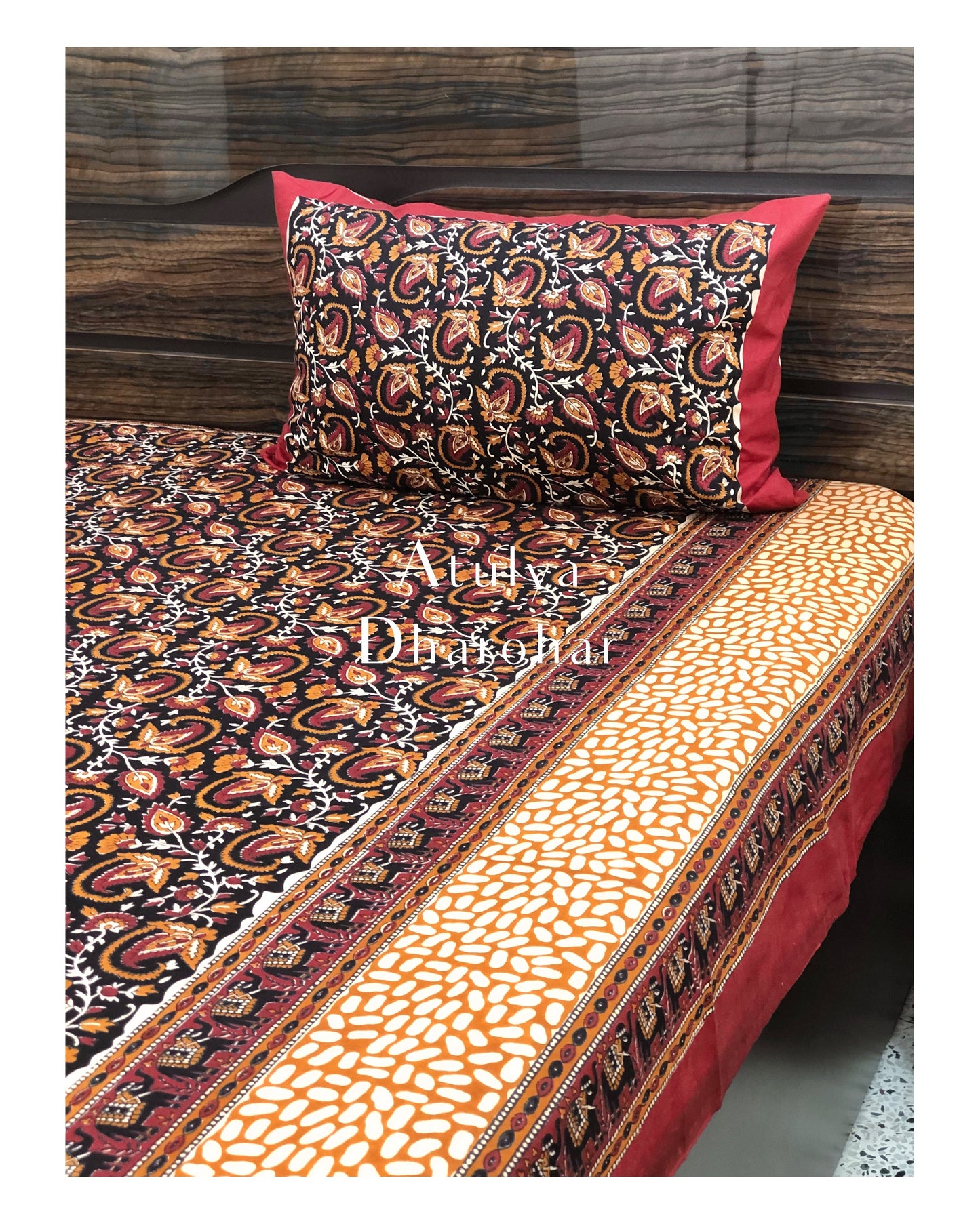 Black and Mustard Kalamkari Cotton Bedsheet
