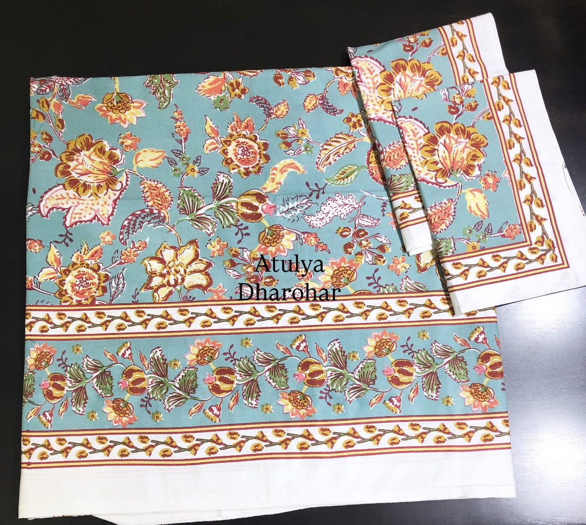 Turquoise and Mustard Floral Jaal Cotton Super King Bedsheet