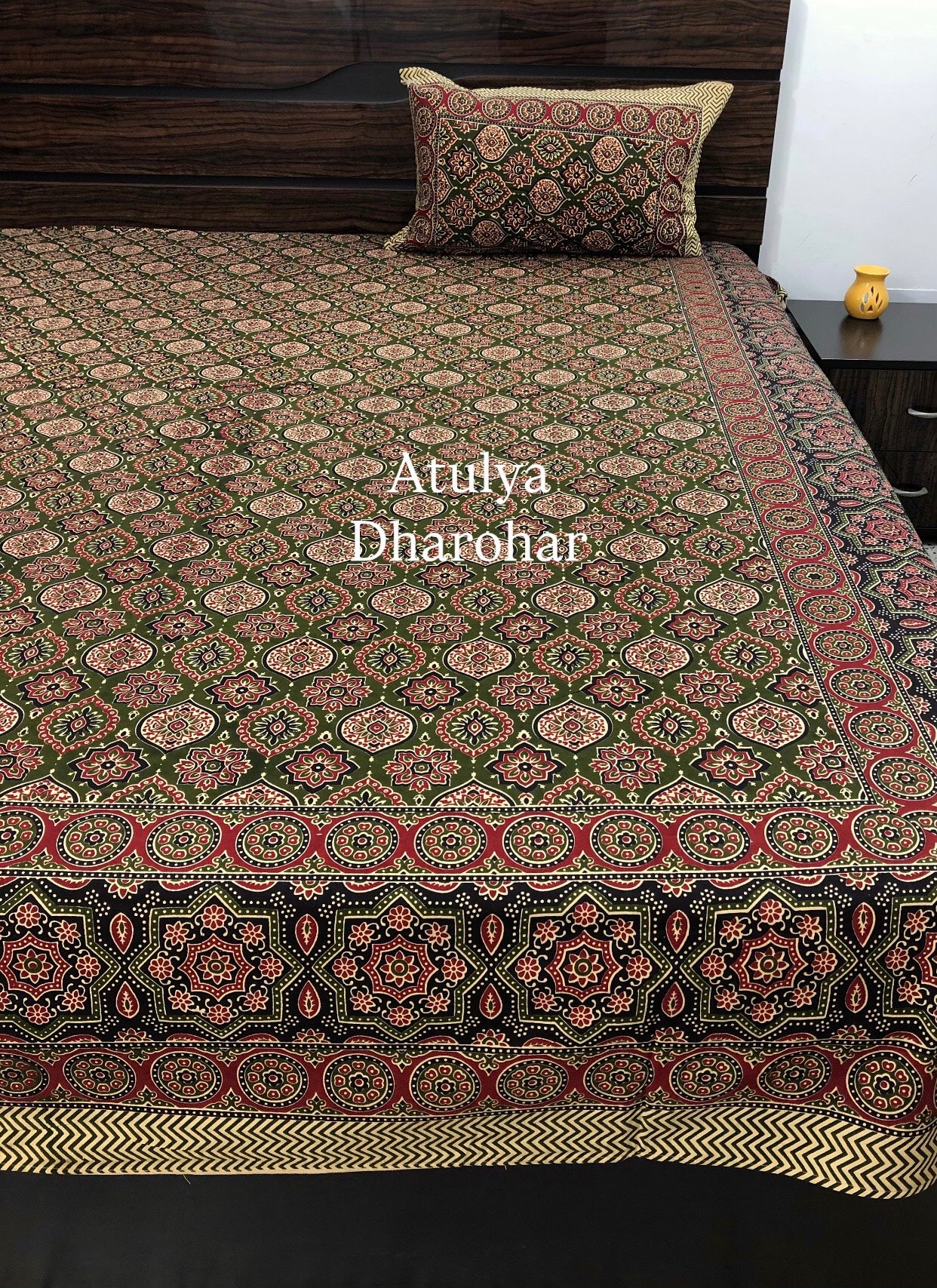 Green Ajrakh Cotton King Size Bedsheet