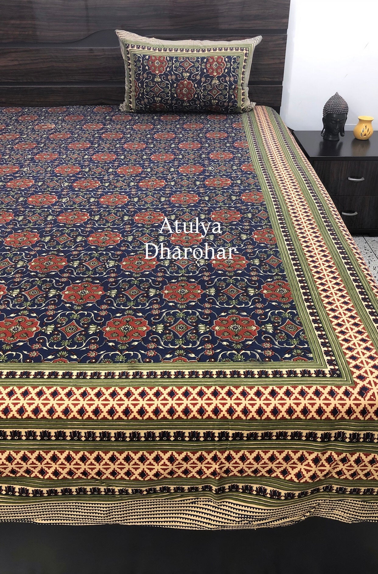 Indigo and Red Kalamkari Cotton King Size Bedsheet