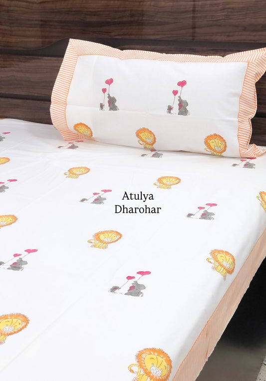 Lion and Elephant Kids Hand Block Printed Single Bedsheet