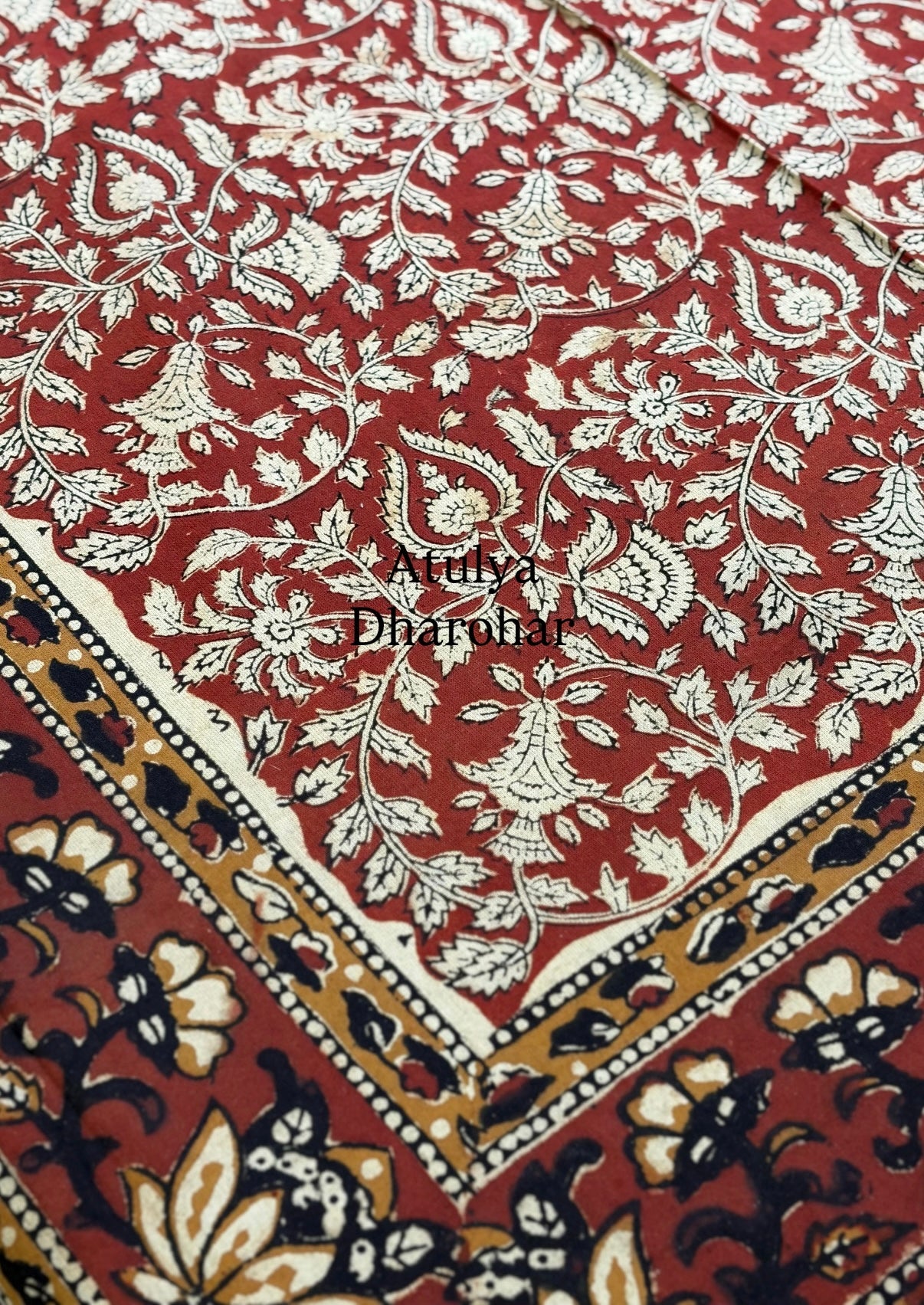 Maroon Kalamkari Hand Block Dining Table Cover
