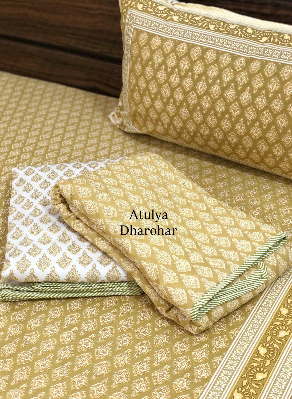 Mustard Butti Mulmul Single Dohar Pair with Super King Bedsheet Set