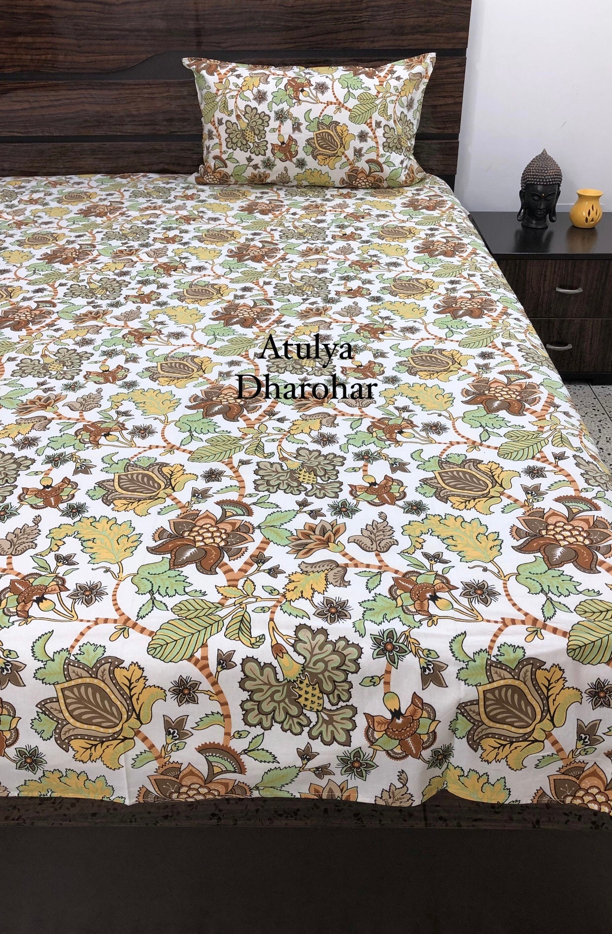 Brown and Yellow Floral Jaal Single Bedsheet