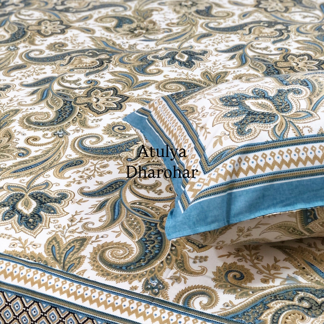 Turquoise Blue Paisley & Floral Jaal Cotton Super King Bedsheet