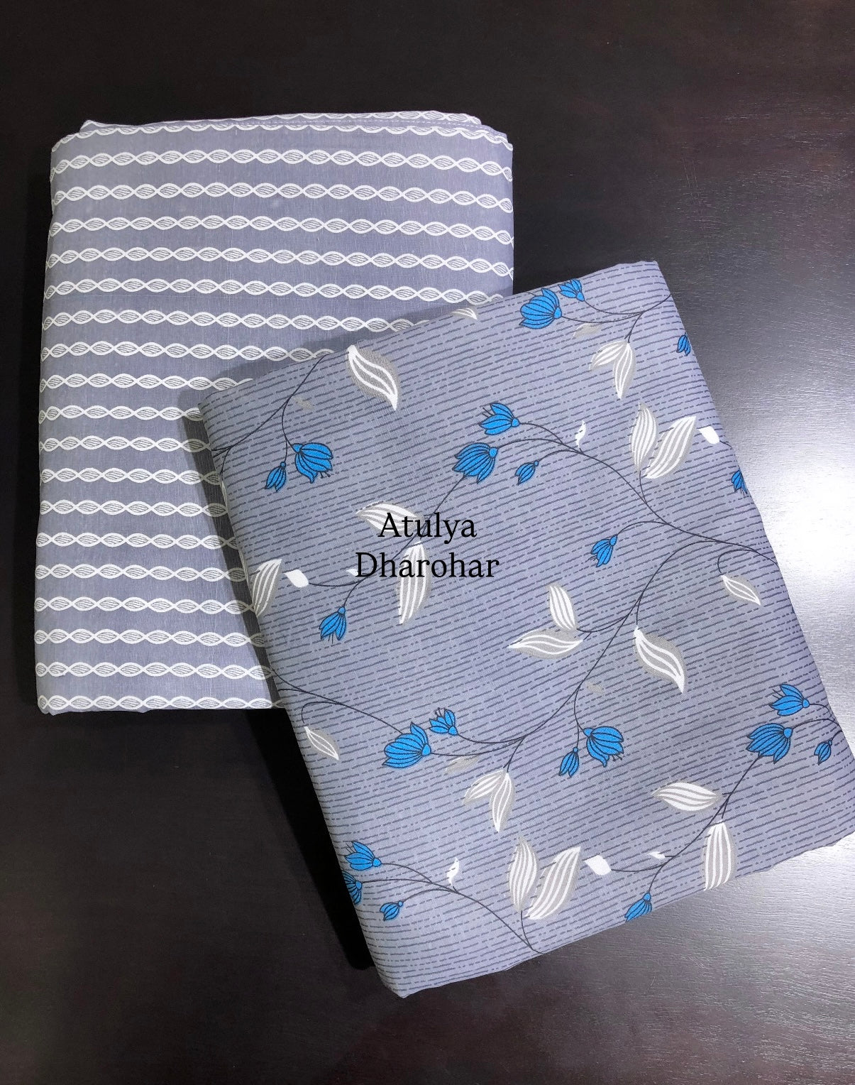 Grey and Blue Floral Cambric Cotton Single Dohar Pair