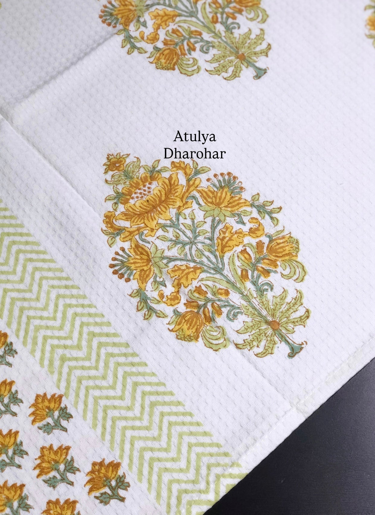 Yellow Floral Motifs Hand Block Printed Waffle Cotton Towel