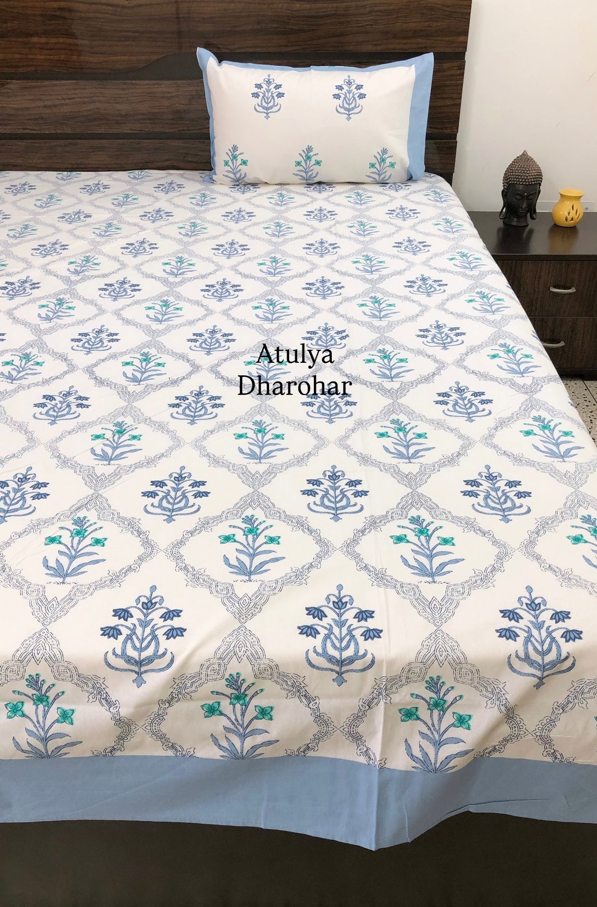 Blue Floral Mughal Jaal Super King Cotton Bedsheet