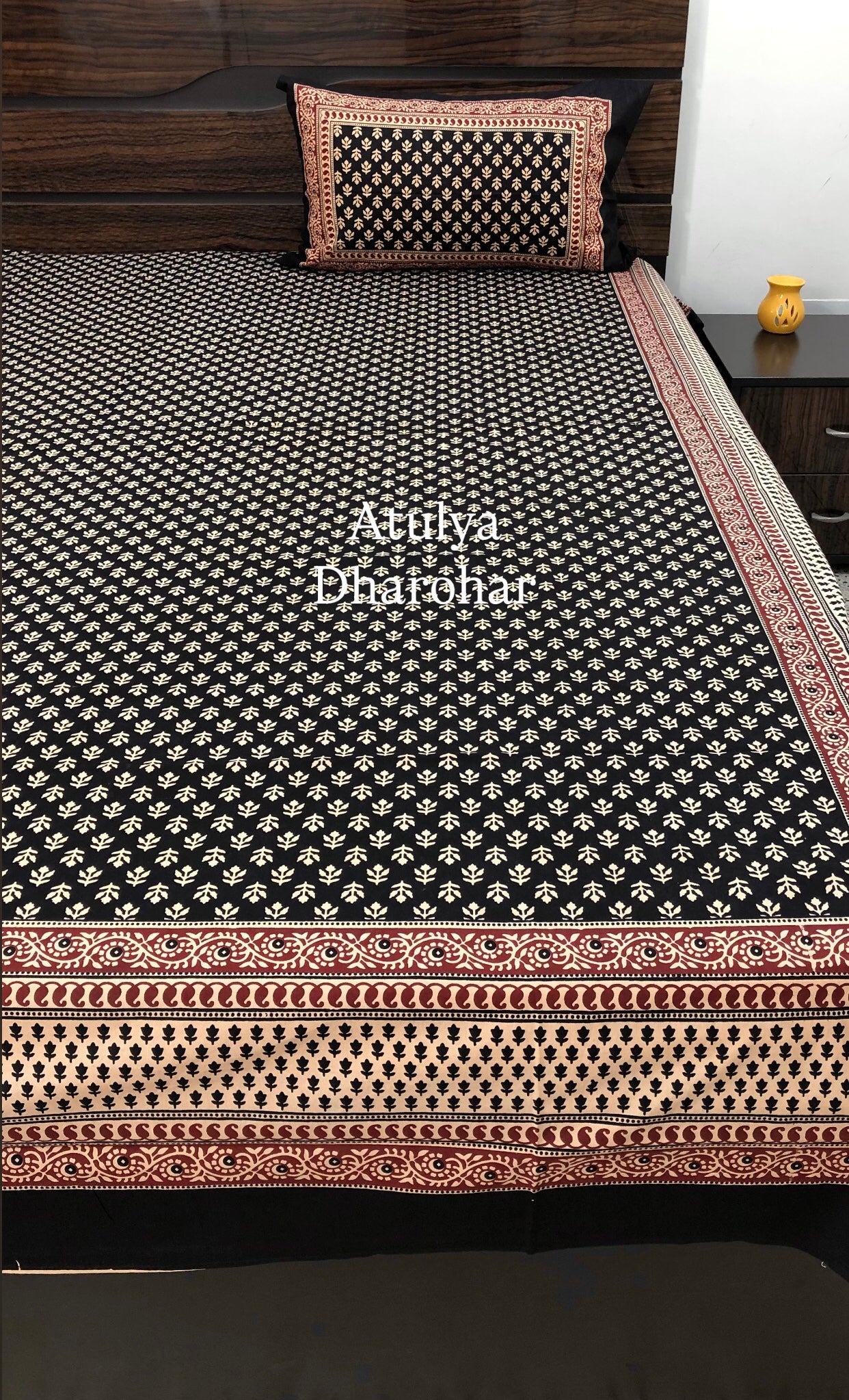 Black Cotton Kalamkari King Size Bedsheet