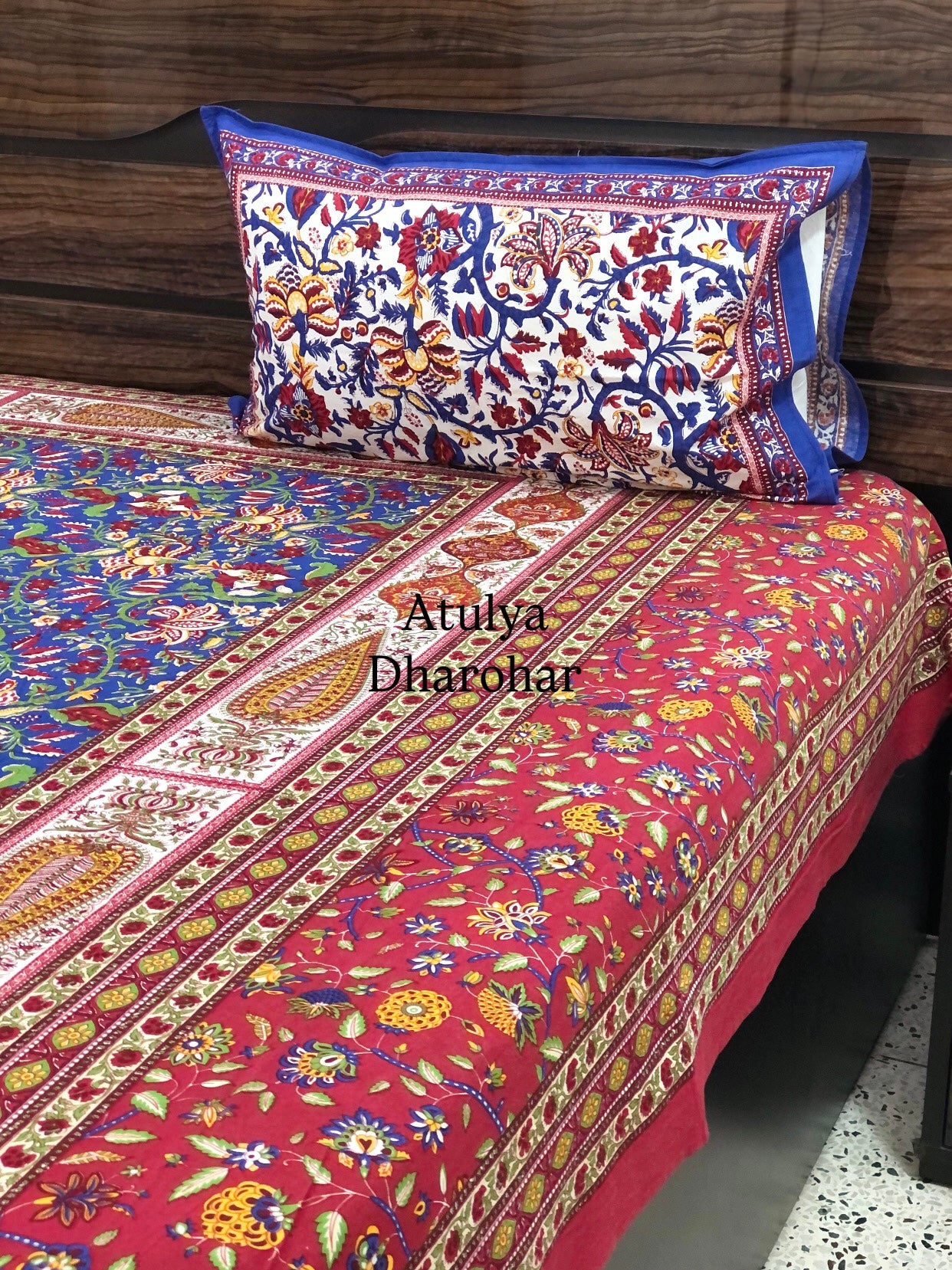 Blue & Red Floral Jaal Cotton Super King Bedsheet
