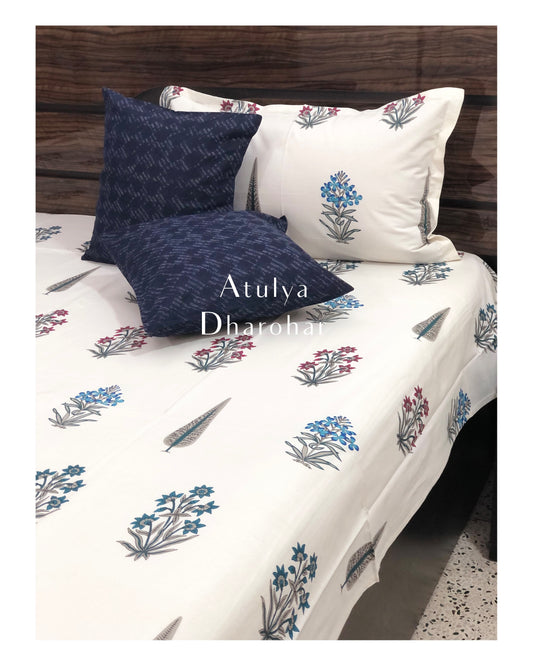 Blue and Red Floral Motifs Super King Bedsheet