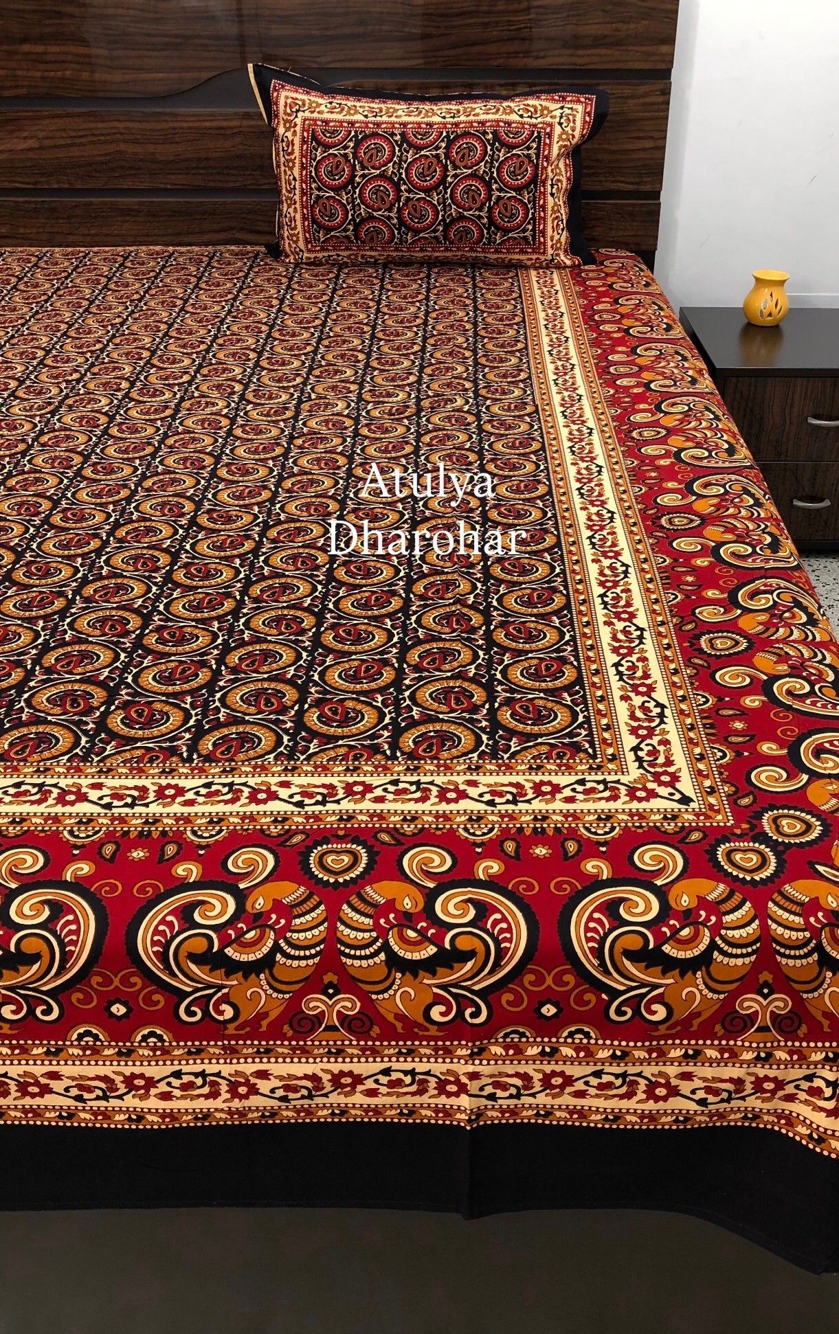 Black Kalamkari Cotton Super King Bedsheet