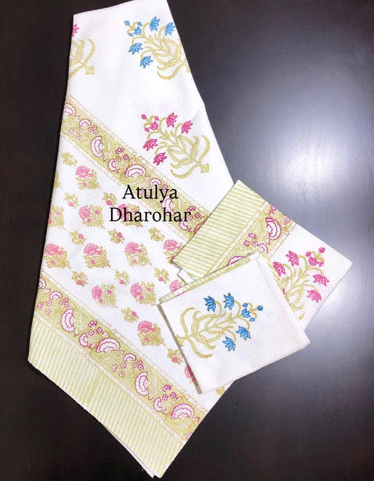 Green and Pink Mughal Motifs Hand Block Waffle Cotton Towel Set